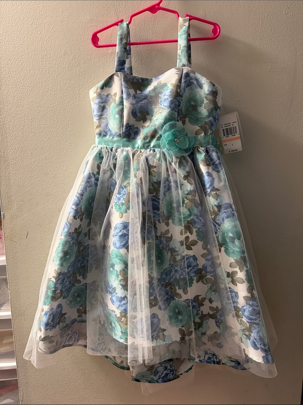 Speechless Girls Floral Tulle Dress in Aqua, Blue & White